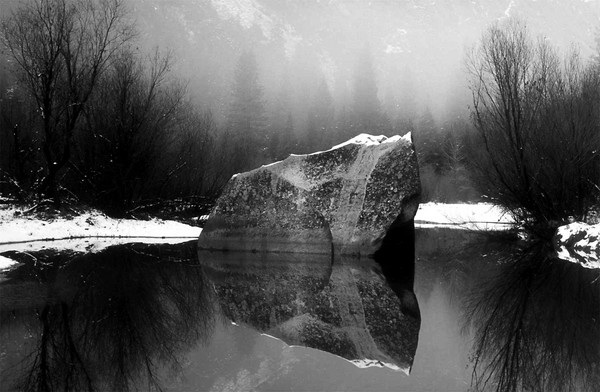 Boulder and Tree Reflections Black and White