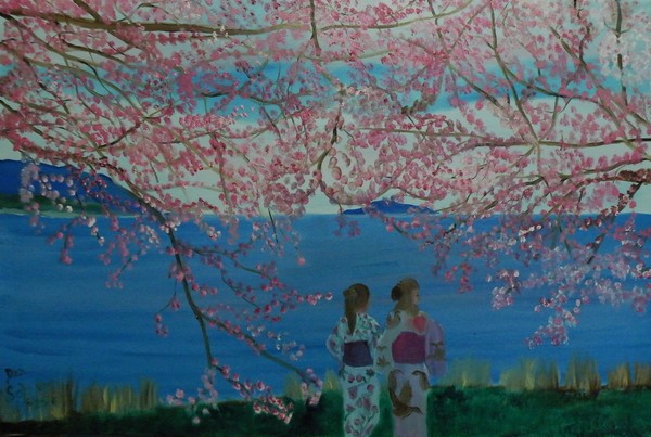 Geishas Enjoying the Beauty of Moon Lake