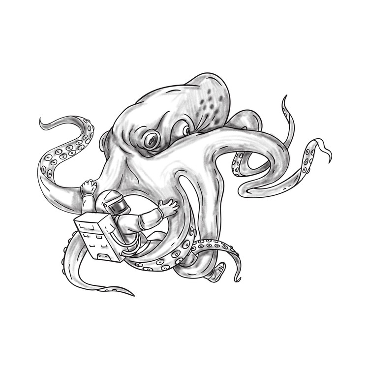 Giant Octopus Fighting Astronaut Tattoo