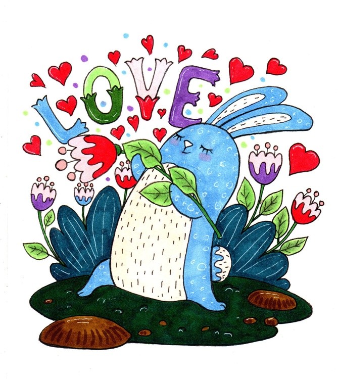 Blue rabbit in love with flower