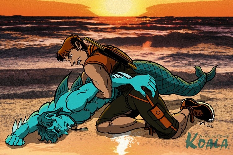 Wandering Koala Wrestles a Merman on the Beach