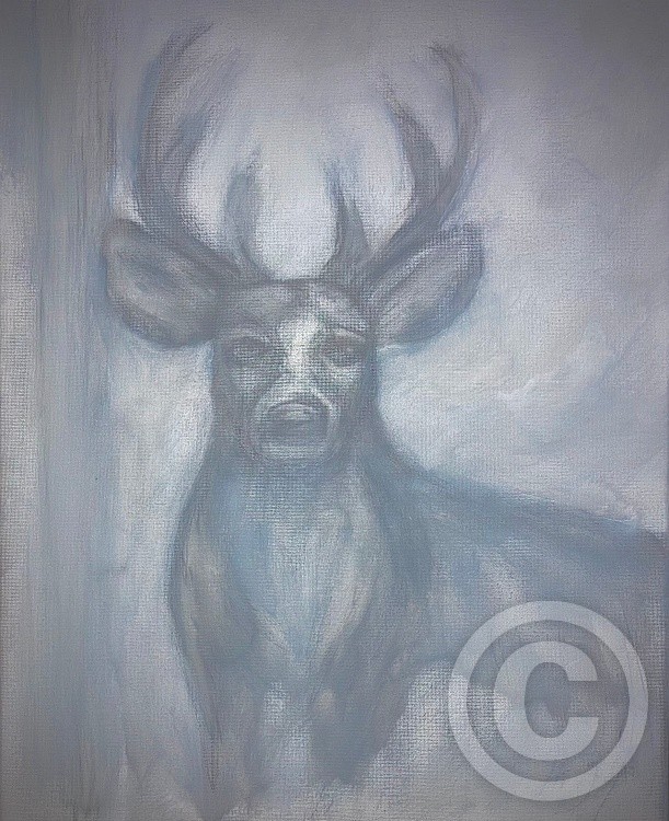 Pencil on canvas of a Buck with glossed step one 