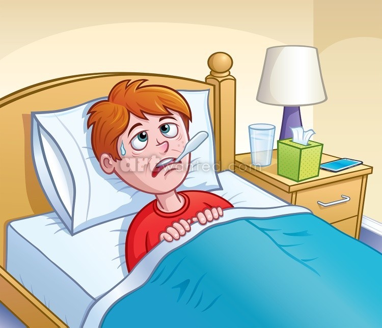 Sick Boy In Bed With Thermometer