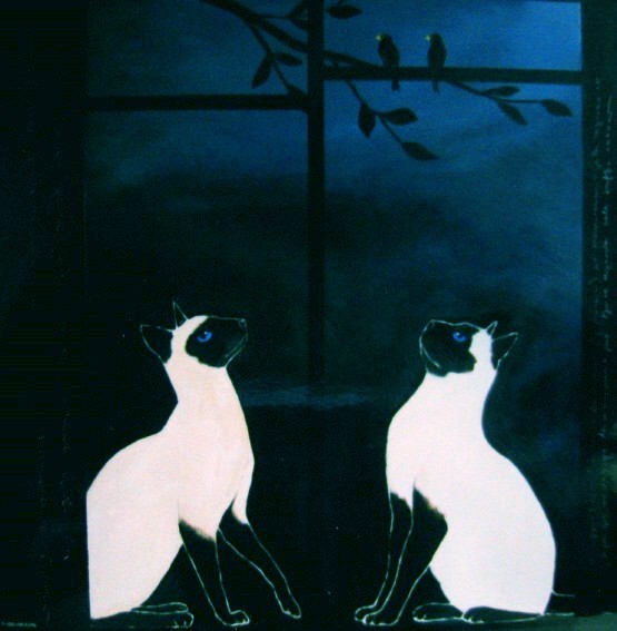 two cats, two birds...
