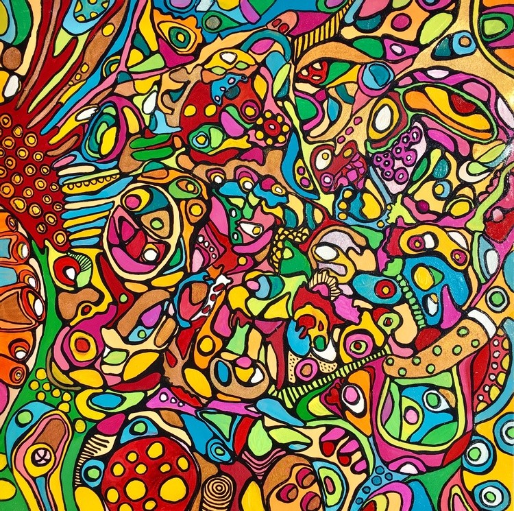 (sold)  Spaghetti, 40*40*2cm, 2018. colorful abstract. ready to hang. stretched canvas