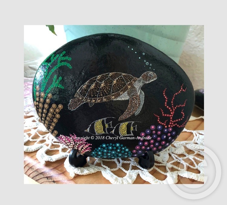 Sea Turtle & MoorishIdols Dot Art River Stone