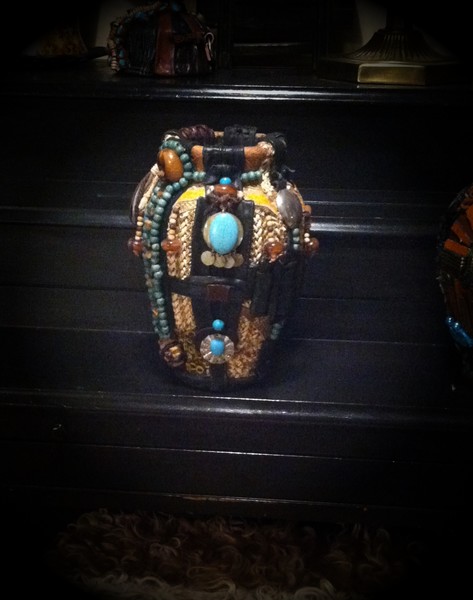 VASE COLLAGE W/LEATHER PICS & TURQUOISE