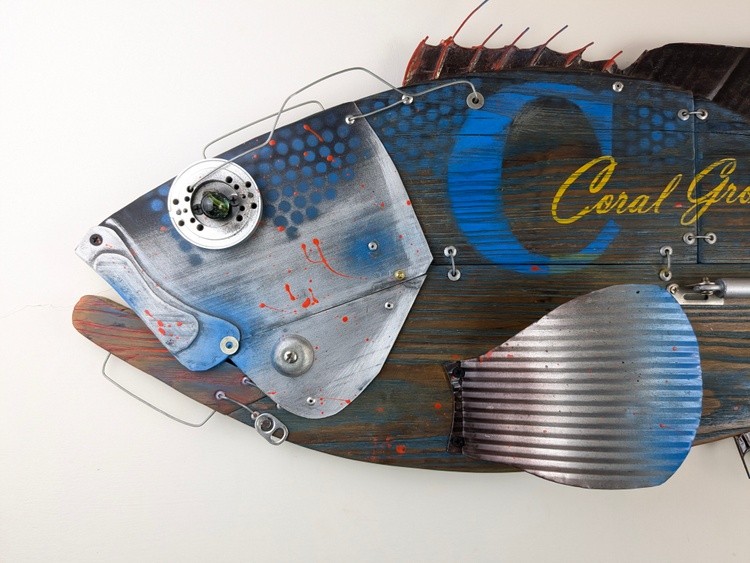 Handmade recycled Wooden fish sculpture wall hanging art piece 