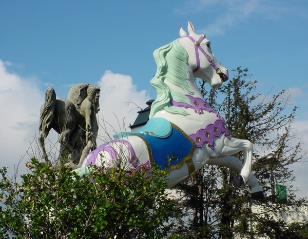 wood horse and stone horse