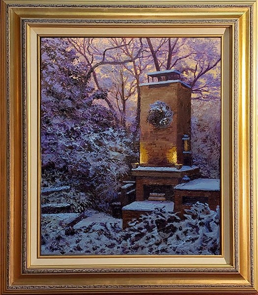 Winter morning outdoor fireplace scene.