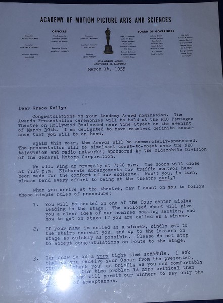 academy award letter to Grace Kelly