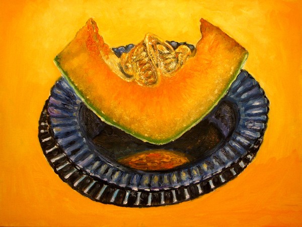 Slice of Cantaloupe on blue oil painting