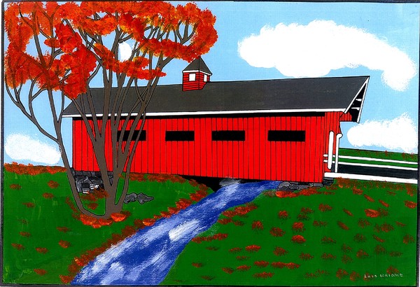 covered bridge painting