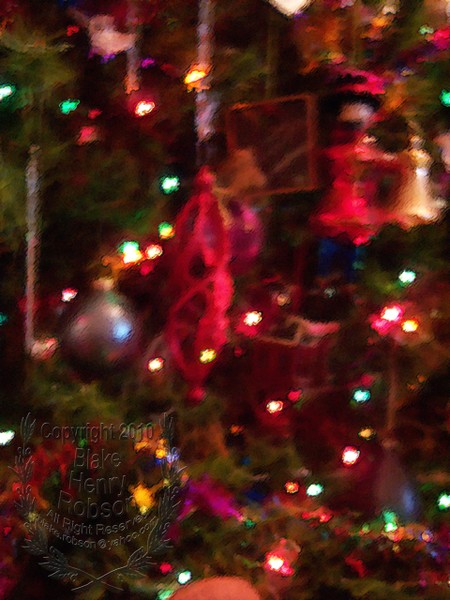 Christmas tree, ornaments, tinsel & colorful light