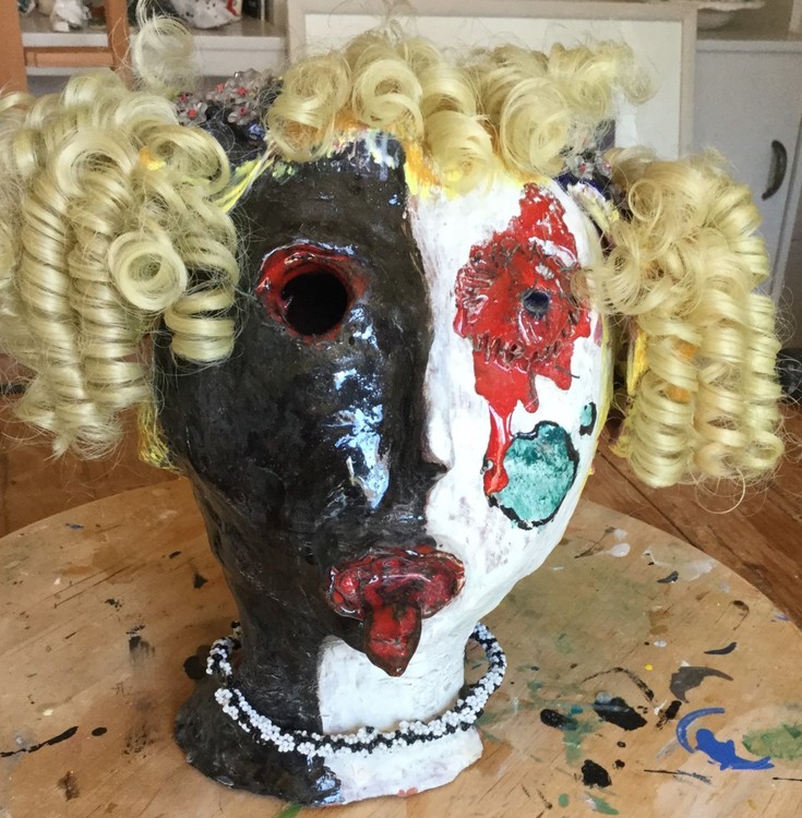 Spikey woman ceramic head with mixed media