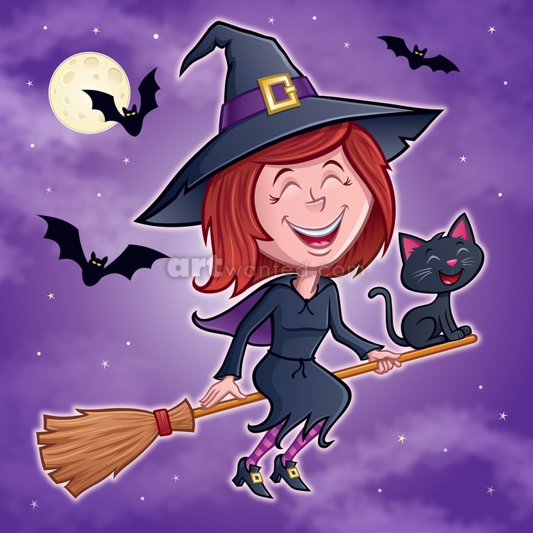 Laughing Witch Riding Her Broom with Cat