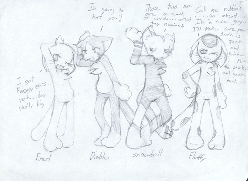 Concept art for four cats and a mouse