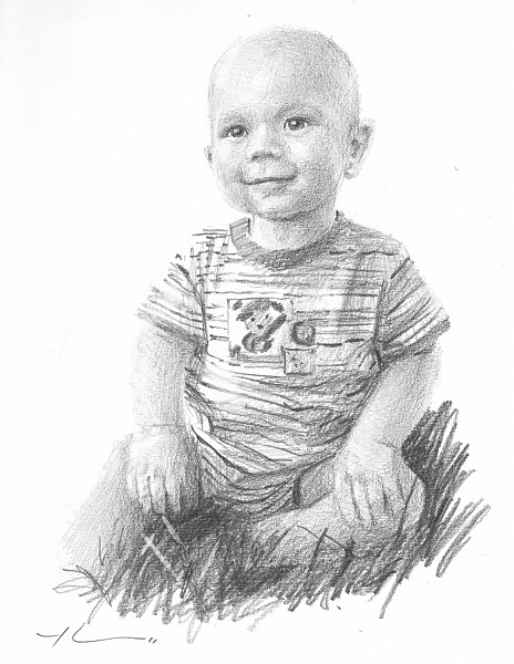 baby in grass pencil portrait