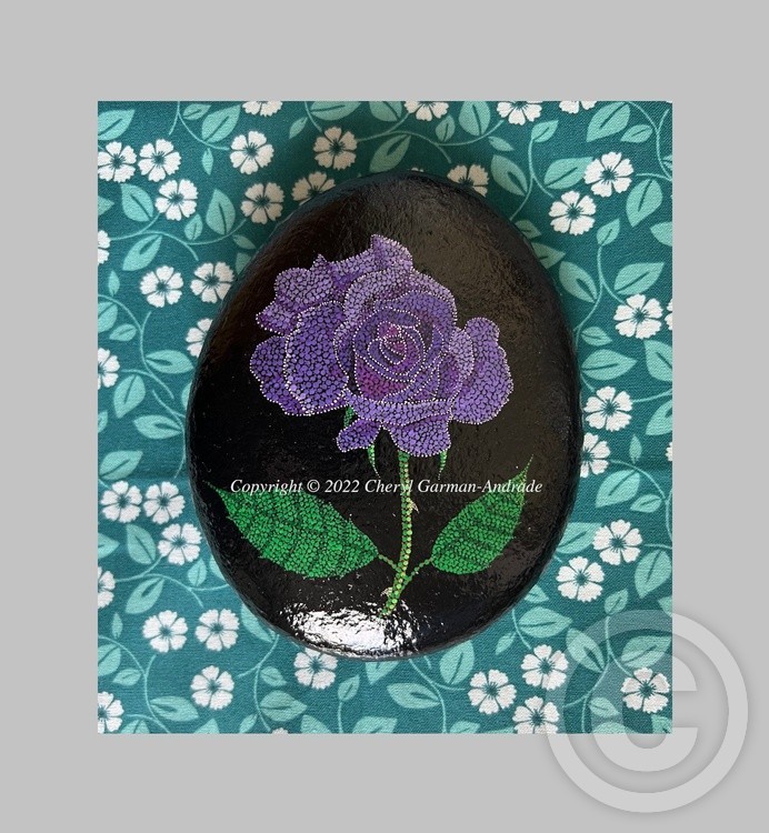 Purple Rose Pointillism Painted River Stone