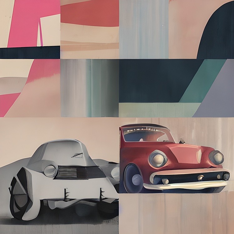 Retro abstract cars and shapes in muted tones
