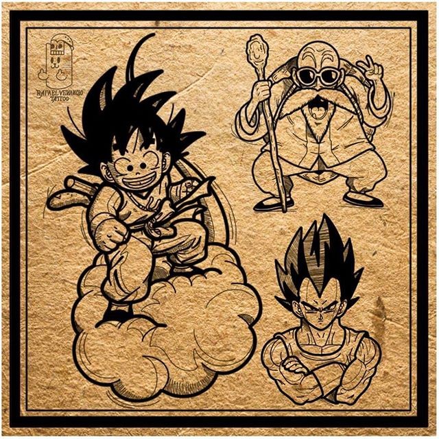 Goku, Mestre Kame e Vegeta sletchzados, disponíveis para serem tatuados