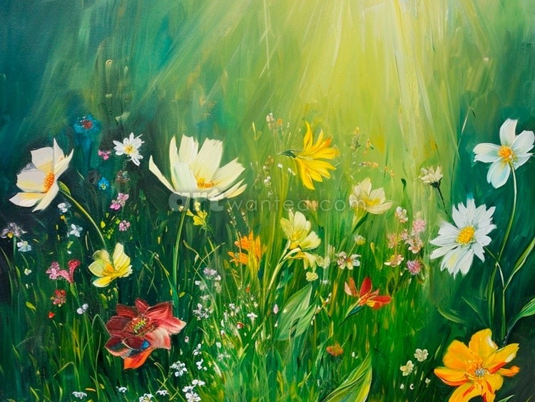 Spring Print, Flower Field Landscape Printable Art, Flower Meadow Oil Painting, Optimistic Painting 