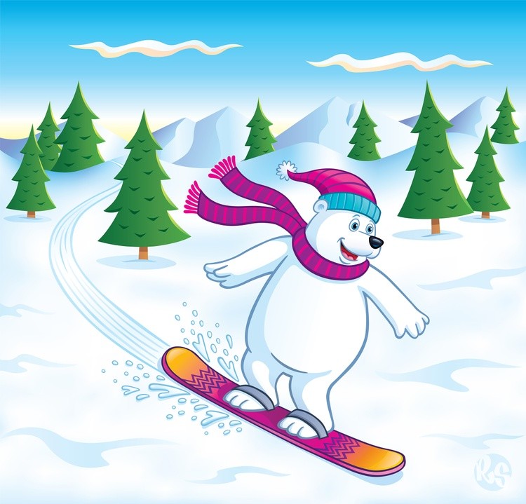 Polar Bear Snowboarding Down Ski Slope 