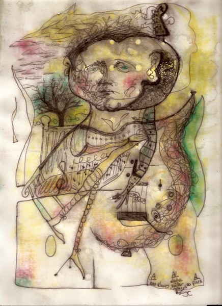 a man playin an electric guitar unpluged in a park