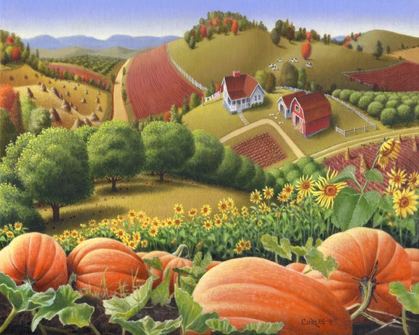 Pumpkin Patch Americana Farm Landscape Folk Art