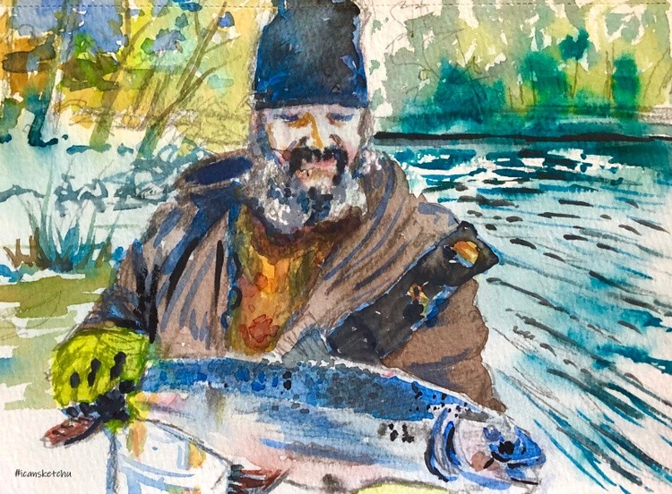 Watercolor Portrait Sketch Fisherman 