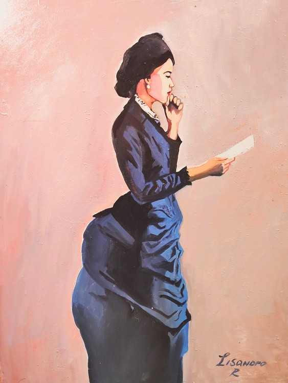 LADY IN BLUE WITH LETTER 
