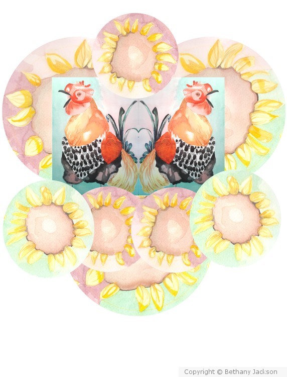 Bantam Roosters with Sunflowers