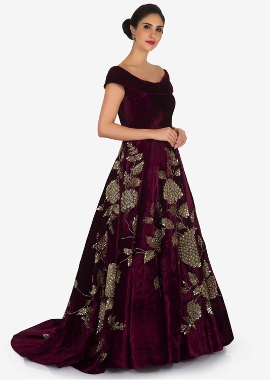 Maroon gown in velvet embellished in heavy sequin