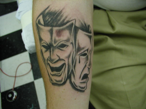 Add to Favorites. ryan campbell. tattoo on forearm of the happy/sad masks. ...