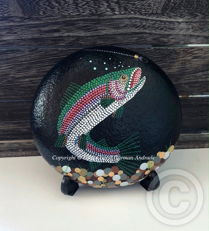 Rainbow Trout and Fly Dot Art River Stone