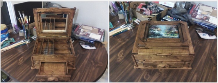 Handmade pine jewelry box with 5x7 painting