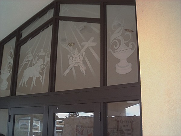 church front,etching religious symbols