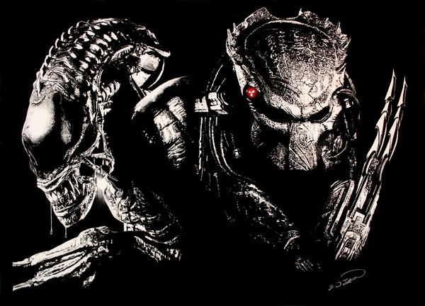 Alien vs Predator scratchboard / scraperboard