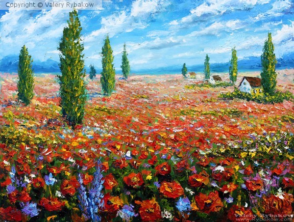 Flowers oil painting the Field of red poppies.