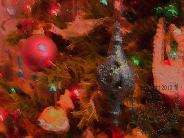 Christmas tree, ornaments, tinsel & colorful light