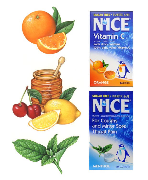 Orange, Mint, Lemon, Cherry and Honey Illustrations for N'Ice Cough Drops
