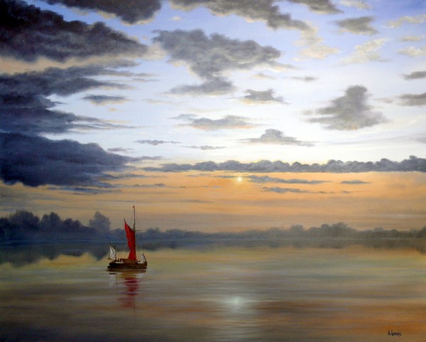 A calm sea at sunset