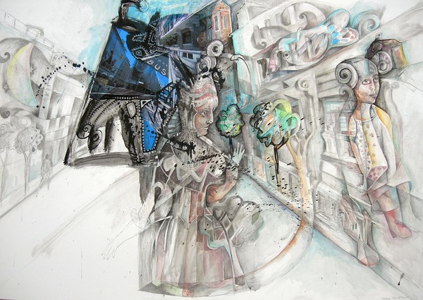 Título LA VIRGEN DEL CAMINO. Técnica mixta sobre cartulina. 100 x 70 cms. Año 2008