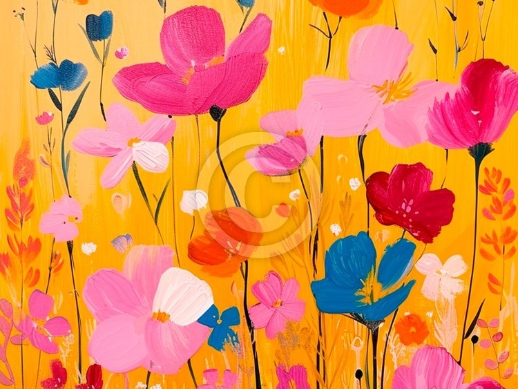 Spring Print, Flower Field Landscape Printable Art, Flower Meadow Oil Painting, Vintage Style decor