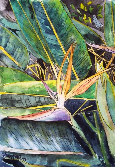 Bird of Paradise tropical flower painting