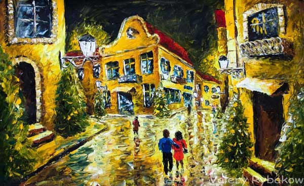 Night-City-Street oil painting artist Rybakow