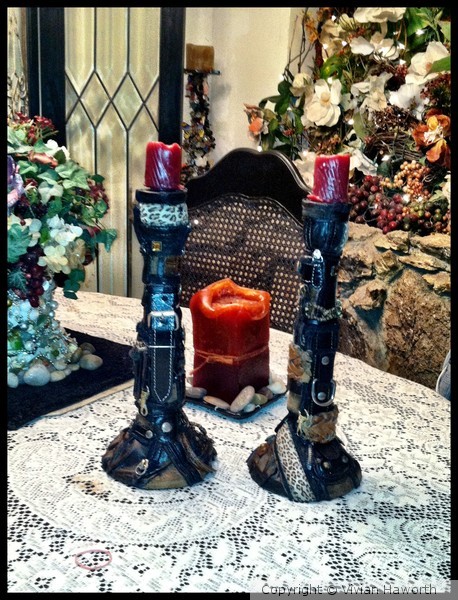 CANDLE STICKS COVERED/COLLAGE WITH LEATHER PIECES
