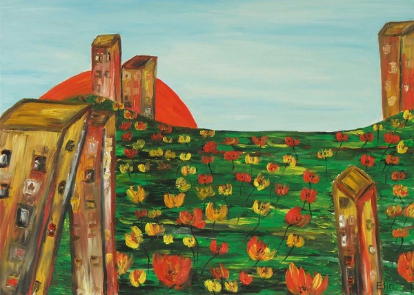 Urban landscape with flowers