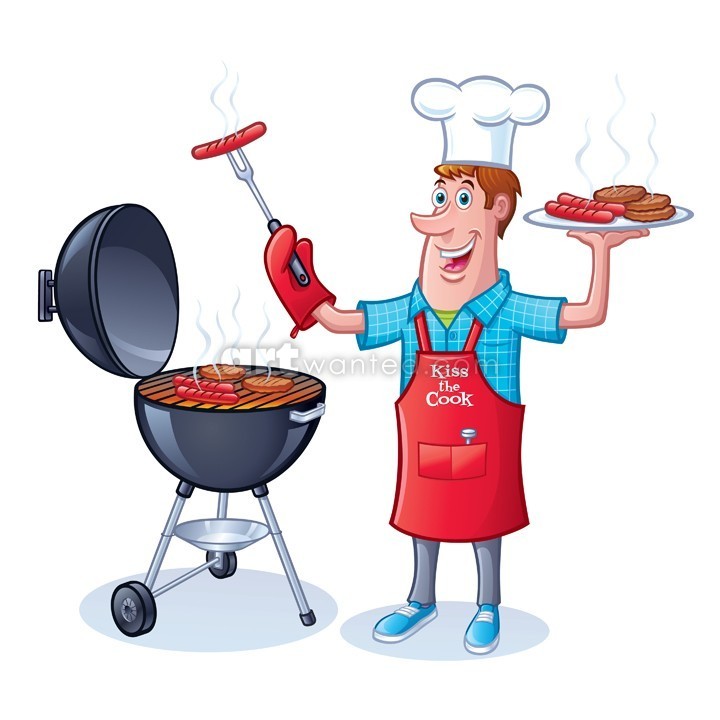 Guy Barbecuing Hamburgers & Hot Dogs