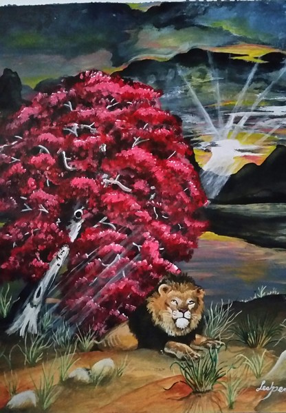 The lion and the red tree